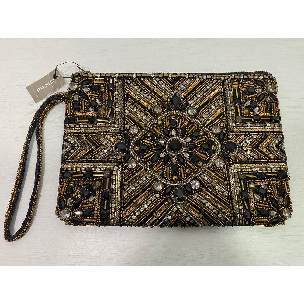 Chicos Beaded Clutch Wristlet Purse Pouch Zip Top NWT